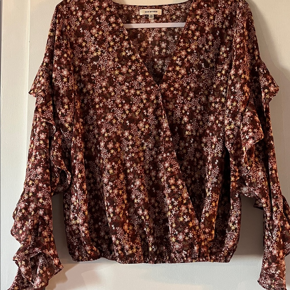Max Studio Ruffle Sleeve Floral Print Blouse Faux Wrap Blouse